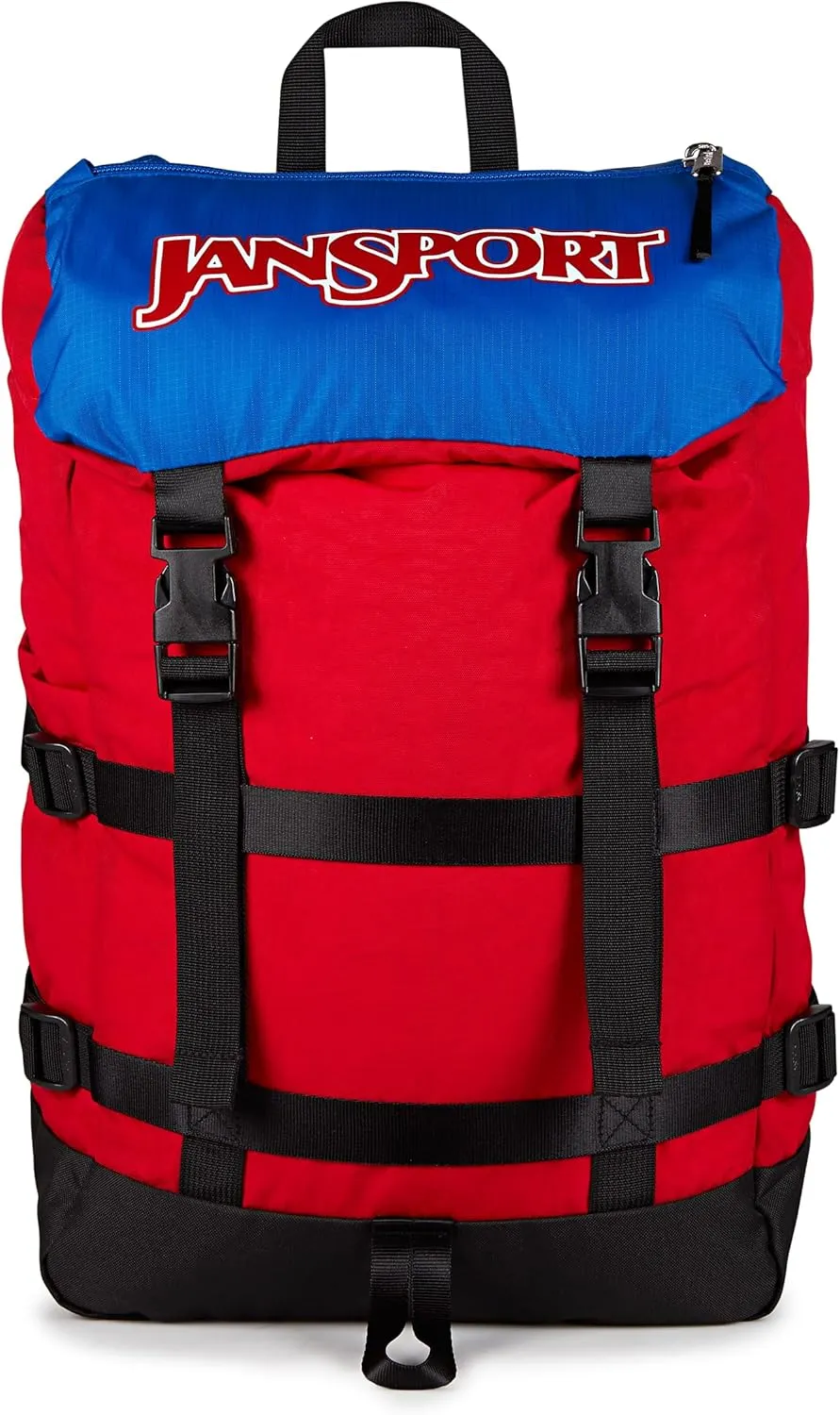 JanSport Skip Pack Backpack – 28L Capacity, Fits 13.5" Laptop, Large Main Compartment, Side Water Bottle Pocket – Ideal for Work & Travel, Red Tape
