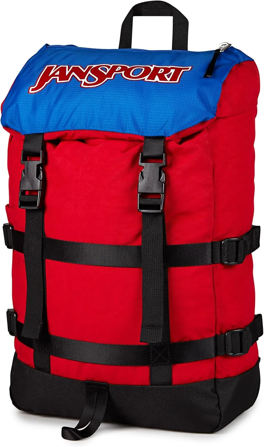JanSport Skip Pack Backpack – 28L Capacity, Fits 13.5" Laptop, Large Main Compartment, Side Water Bottle Pocket – Ideal for Work & Travel, Red Tape