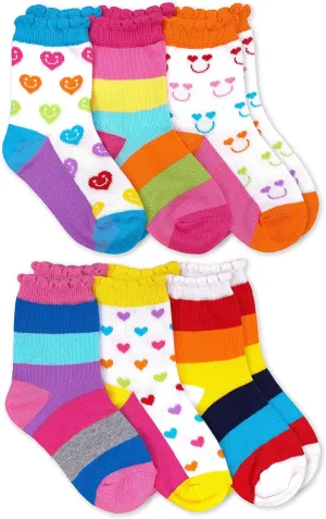 Jefferies Socks Girls' Rainbow Stripes Hearts Smiley Face Crew Socks 6 Pack