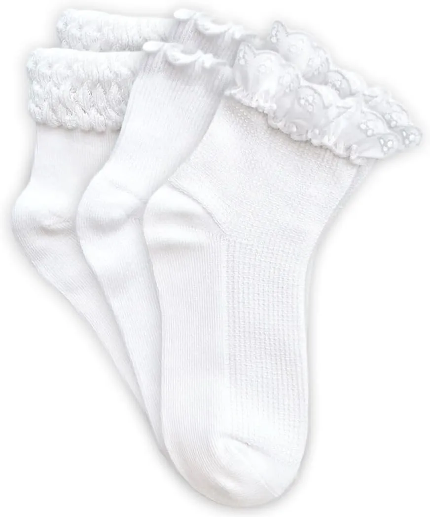 Jefferies Socks Girls' Seamless Eyelet Lace Ruffle Bubble Stitch Ankle Socks 3 Pair Pack