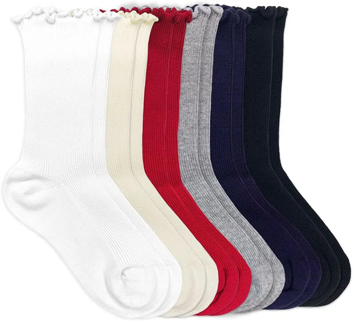 Jefferies Socks Girls Seamless Ruffle Cotton Cuff Crew Slouch School Socks 6 Pair Pack