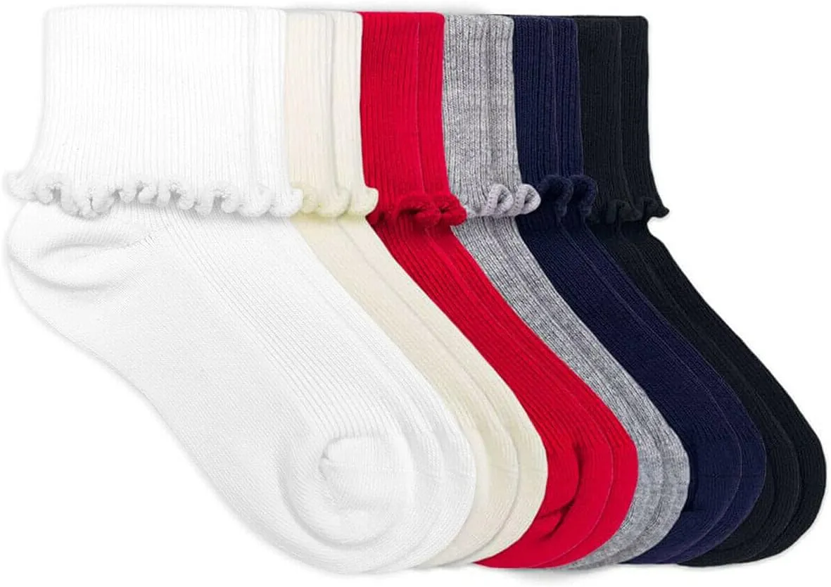 Jefferies Socks Girls Seamless Ruffle Cotton Cuff Crew Slouch School Socks 6 Pair Pack