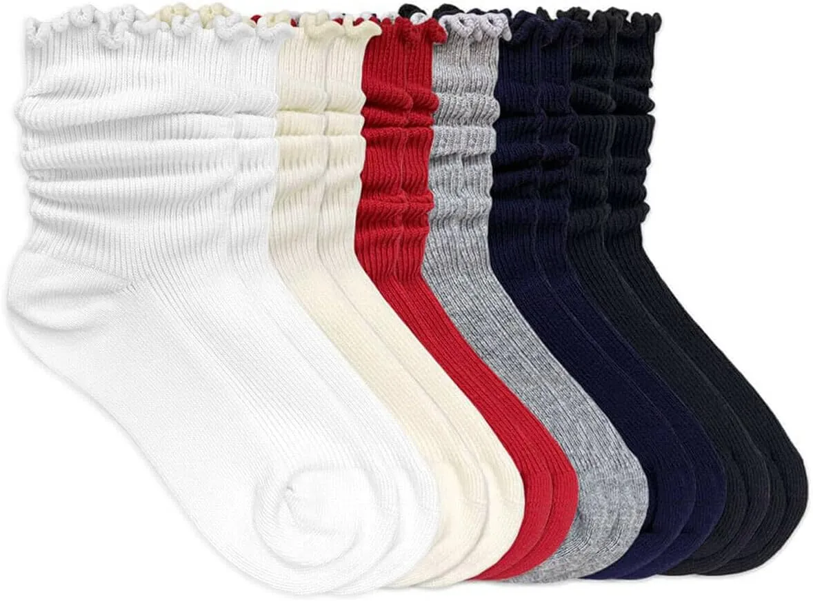 Jefferies Socks Girls Seamless Ruffle Cotton Cuff Crew Slouch School Socks 6 Pair Pack