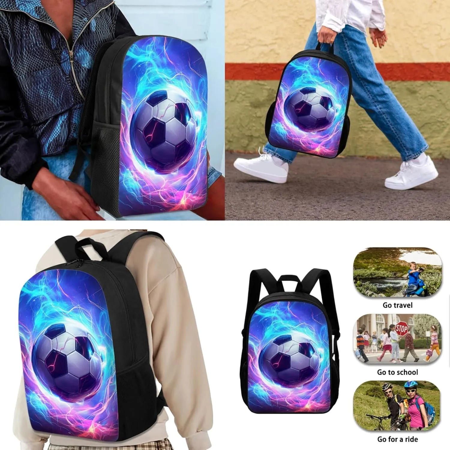 JEOCODY Cool Soccer Kids Bookbag School Backpack with Lunch Box for Boys,Childrens Backpack for Girls School Bags with Pencil Case and Bottle Holder Set of 4 School Daypack Travel Bag Satchel Bagpack
