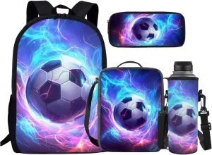 JEOCODY Cool Soccer Kids Bookbag School Backpack with Lunch Box for Boys,Childrens Backpack for Girls School Bags with Pencil Case and Bottle Holder Set of 4 School Daypack Travel Bag Satchel Bagpack