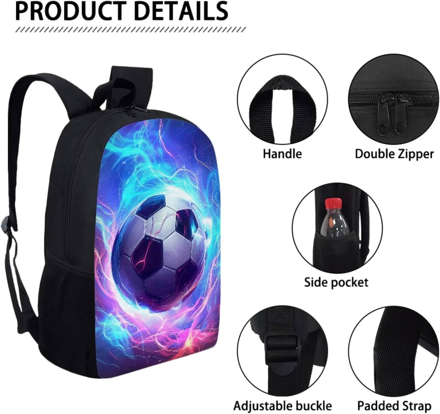JEOCODY Cool Soccer Kids Bookbag School Backpack with Lunch Box for Boys,Childrens Backpack for Girls School Bags with Pencil Case and Bottle Holder Set of 4 School Daypack Travel Bag Satchel Bagpack