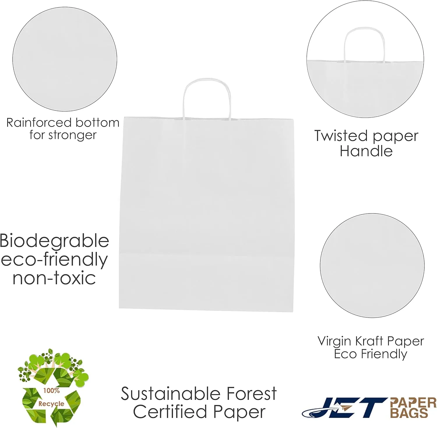 JET PAPER BAGS - 15”x10”x15.75” [50 Pcs] Large White Paper Bags with Handles Prime for Takeout, Grocery, Goody, Retail, Party, Gifts, Weddings - Recyclable Kraft Paper Gift Bags with Handles