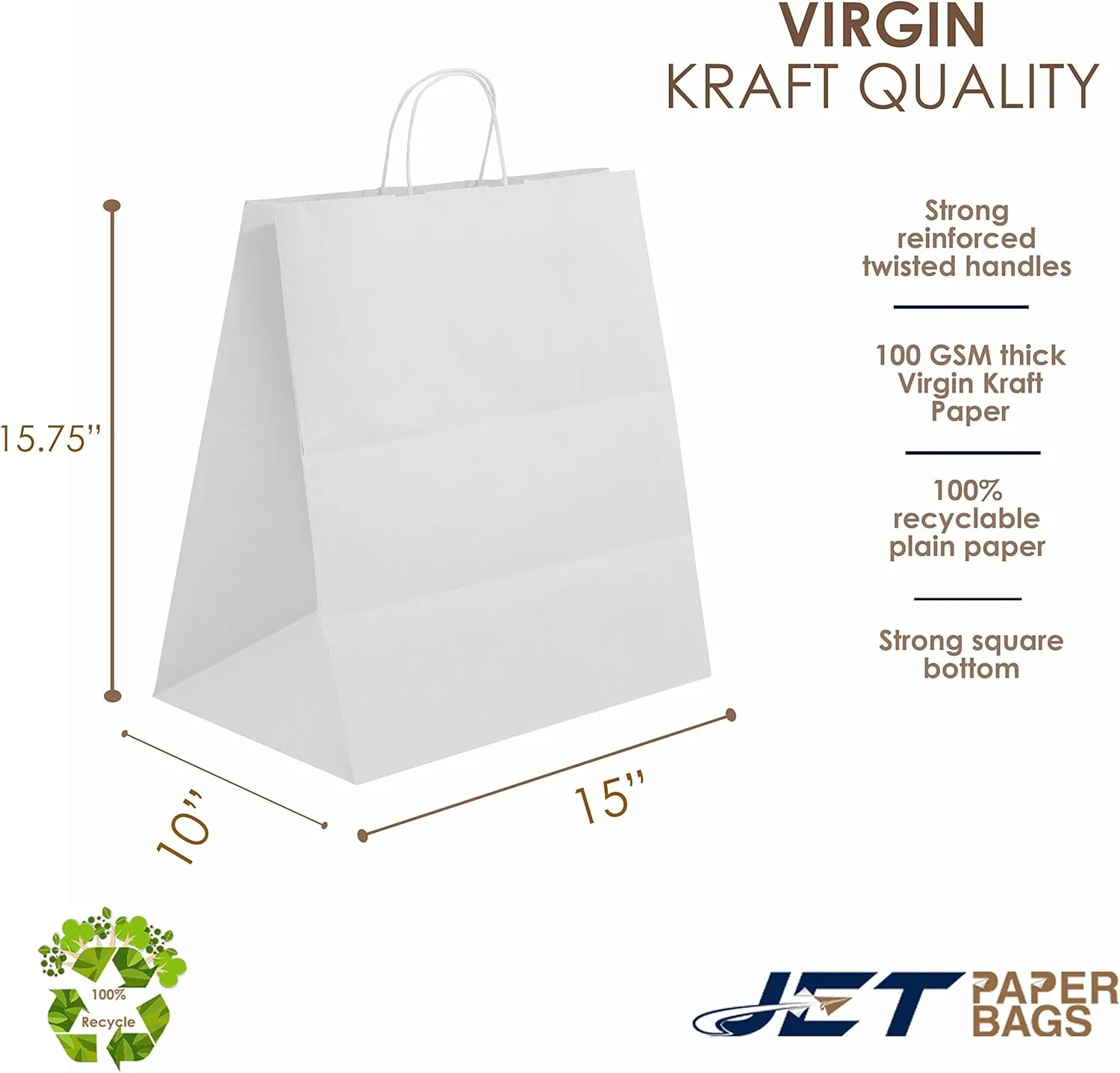 JET PAPER BAGS - 15”x10”x15.75” [50 Pcs] Large White Paper Bags with Handles Prime for Takeout, Grocery, Goody, Retail, Party, Gifts, Weddings - Recyclable Kraft Paper Gift Bags with Handles