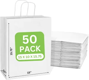 JET PAPER BAGS - 15”x10”x15.75” [50 Pcs] Large White Paper Bags with Handles Prime for Takeout, Grocery, Goody, Retail, Party, Gifts, Weddings - Recyclable Kraft Paper Gift Bags with Handles