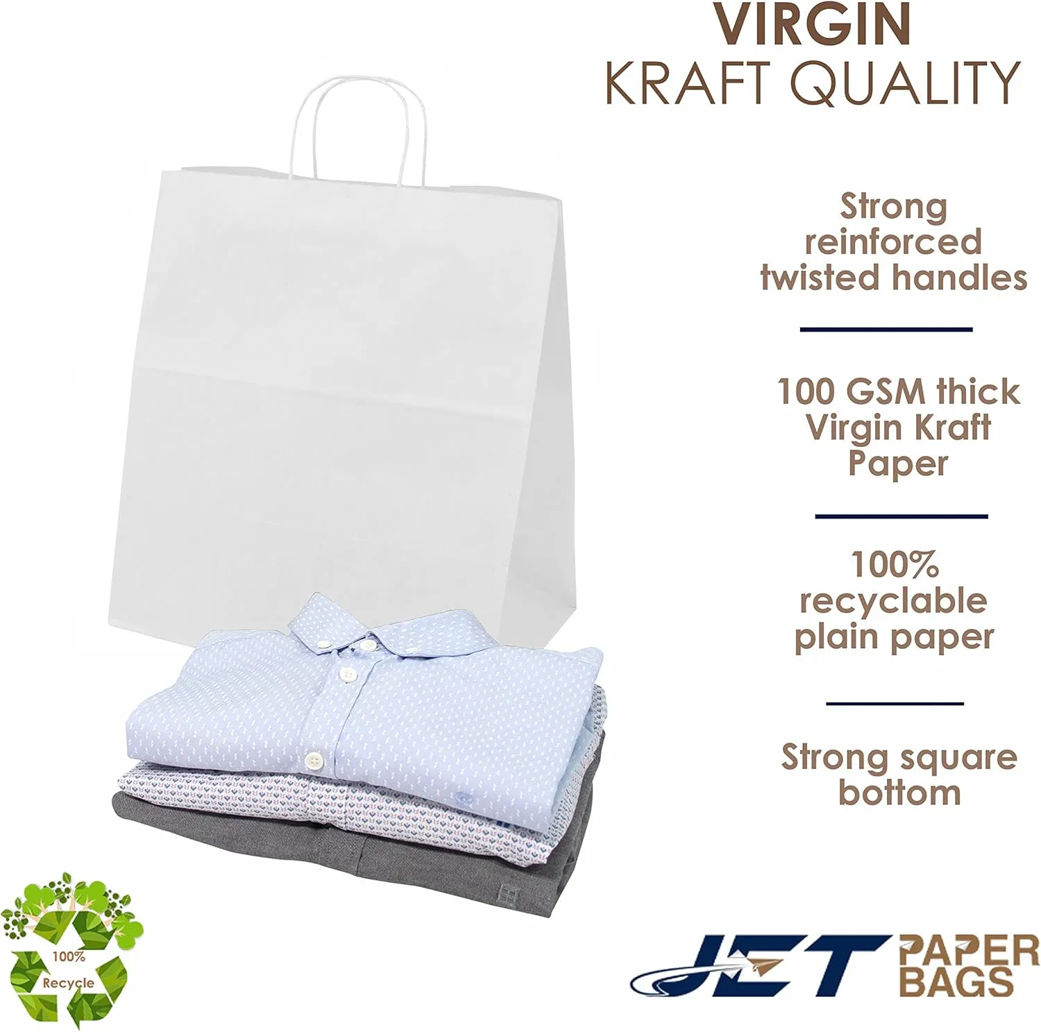 JET PAPER BAGS - 15”x10”x15.75” [50 Pcs] Large White Paper Bags with Handles Prime for Takeout, Grocery, Goody, Retail, Party, Gifts, Weddings - Recyclable Kraft Paper Gift Bags with Handles