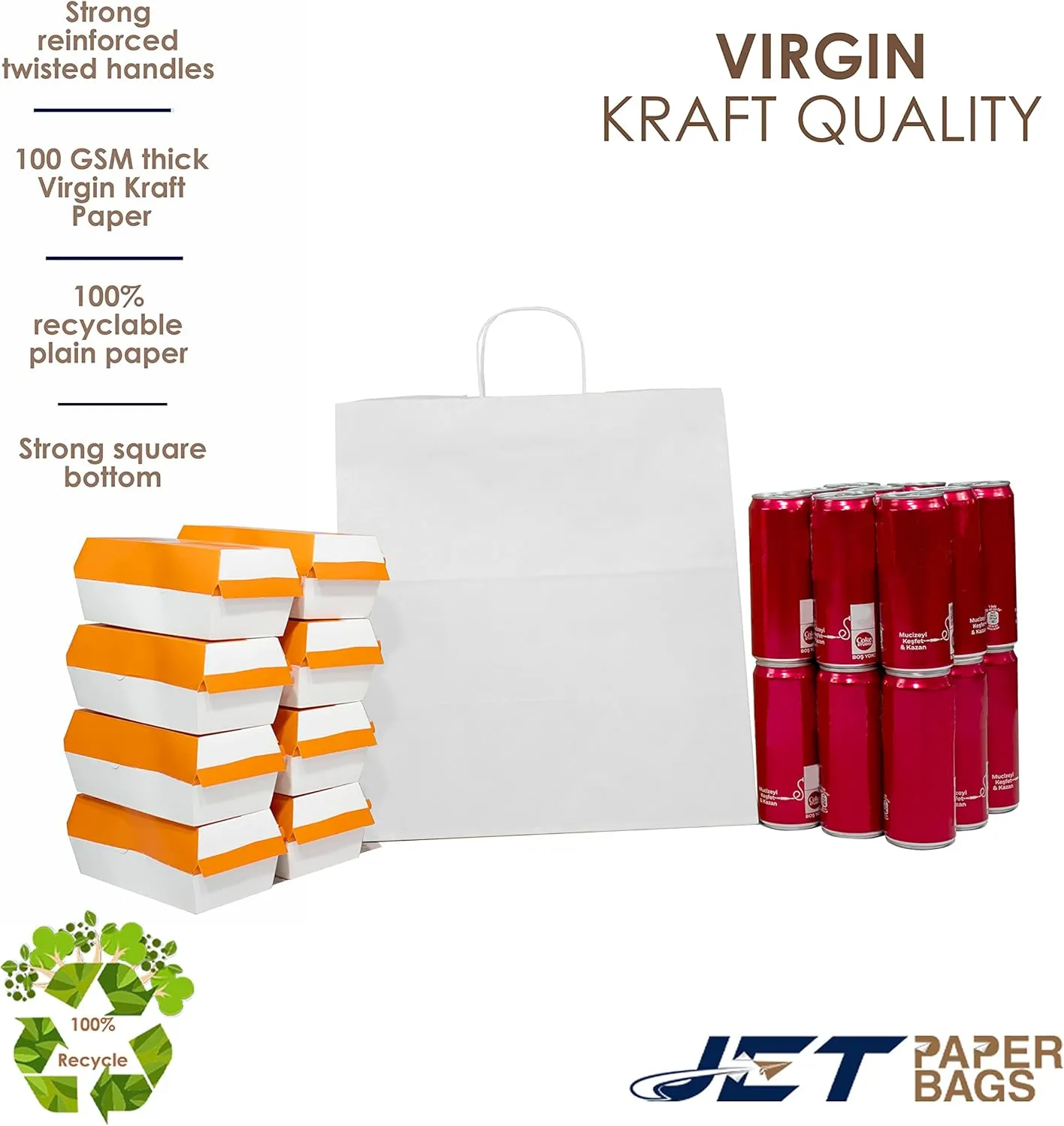 JET PAPER BAGS - 15”x10”x15.75” [50 Pcs] Large White Paper Bags with Handles Prime for Takeout, Grocery, Goody, Retail, Party, Gifts, Weddings - Recyclable Kraft Paper Gift Bags with Handles