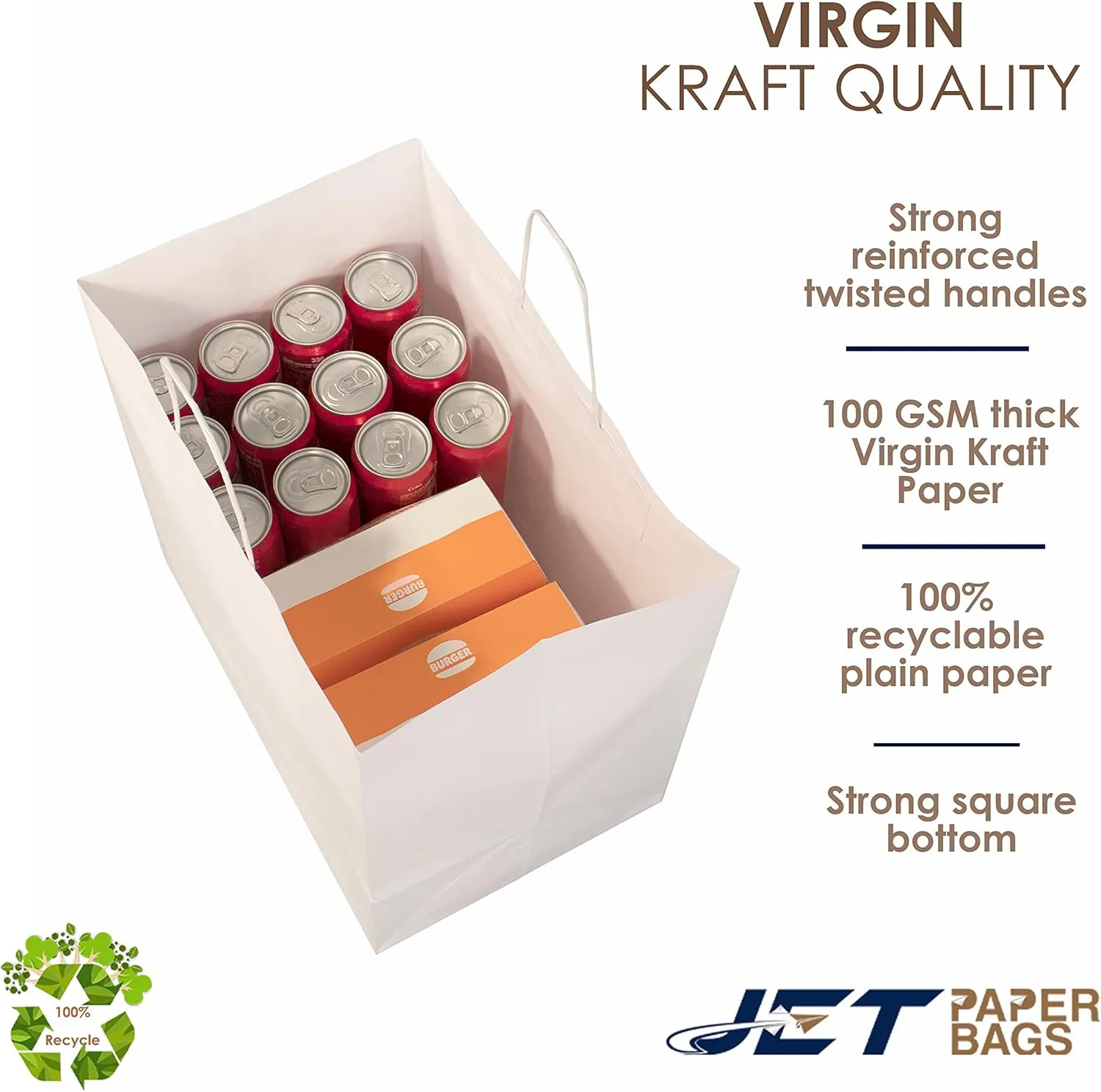 JET PAPER BAGS - 15”x10”x15.75” [50 Pcs] Large White Paper Bags with Handles Prime for Takeout, Grocery, Goody, Retail, Party, Gifts, Weddings - Recyclable Kraft Paper Gift Bags with Handles