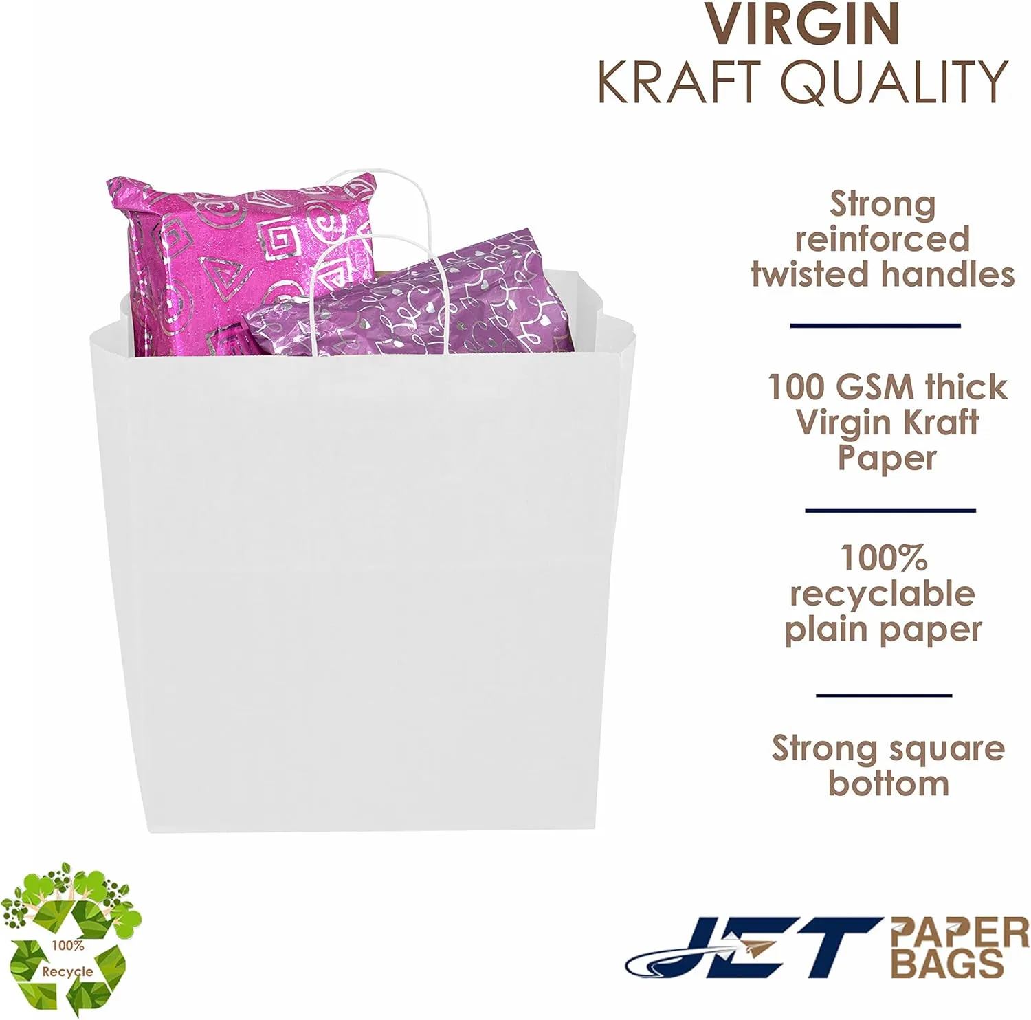 JET PAPER BAGS - 15”x10”x15.75” [50 Pcs] Large White Paper Bags with Handles Prime for Takeout, Grocery, Goody, Retail, Party, Gifts, Weddings - Recyclable Kraft Paper Gift Bags with Handles