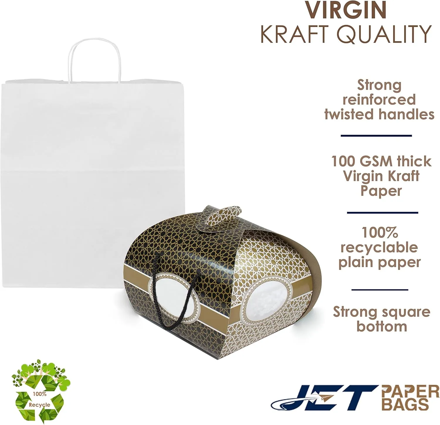 JET PAPER BAGS - 15”x10”x15.75” [50 Pcs] Large White Paper Bags with Handles Prime for Takeout, Grocery, Goody, Retail, Party, Gifts, Weddings - Recyclable Kraft Paper Gift Bags with Handles