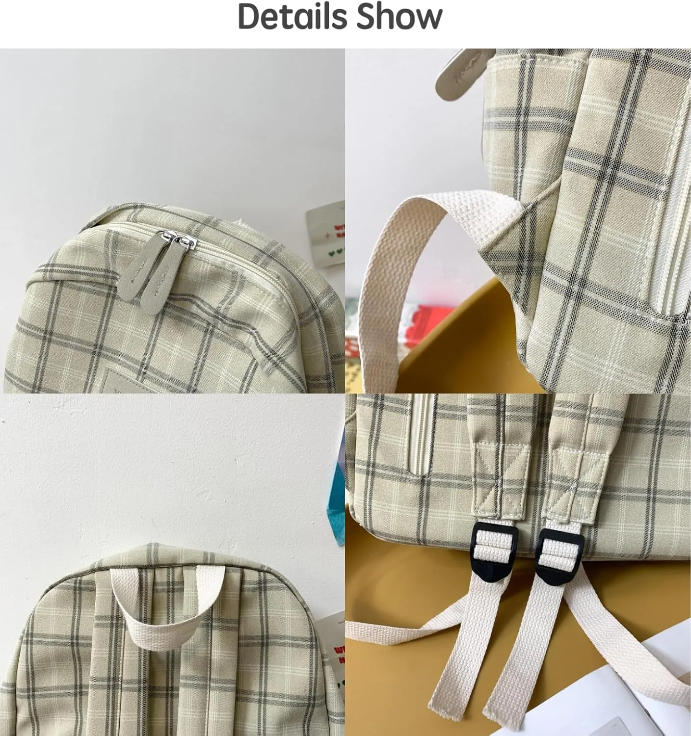 JHTPSLR Light Academia Aesthetic Backpack Plaid Preppy Backpack Teen Girls Book Bags Back to School Backpack Supplies (Beige)