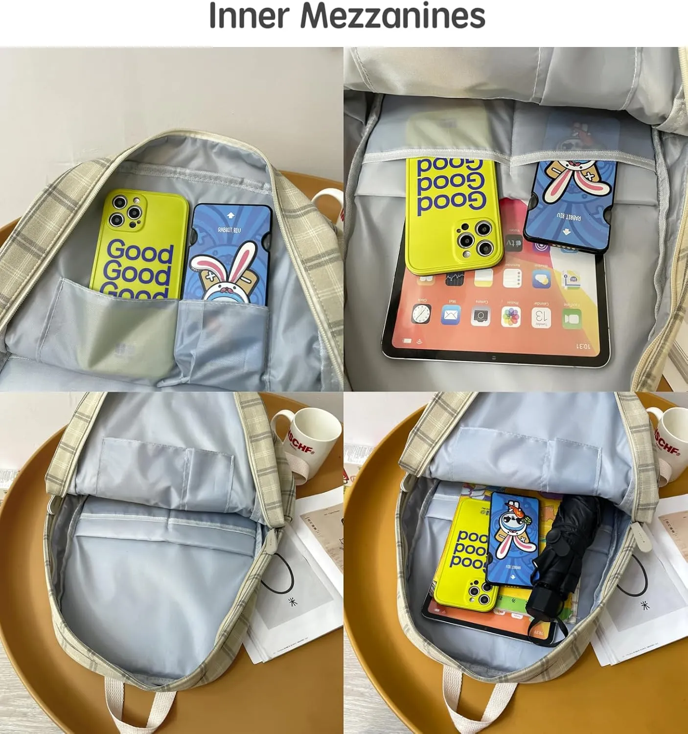 JHTPSLR Light Academia Aesthetic Backpack Plaid Preppy Backpack Teen Girls Book Bags Back to School Backpack Supplies (Beige)