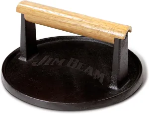 Jim Beam JB0158 Black Cast Iron Burger Press - 7'' Heavy Duty Burger Press with Solid Wood Handle
