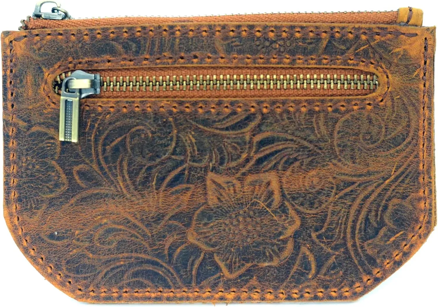 JJNUSA Genuine Leather Zipper Coin Purse for Men, Credit Card Case Holder, Mens Tray Purses Coin Purse Cash Change Wallet Car Case Holder Money Pouch (Flower Brown)