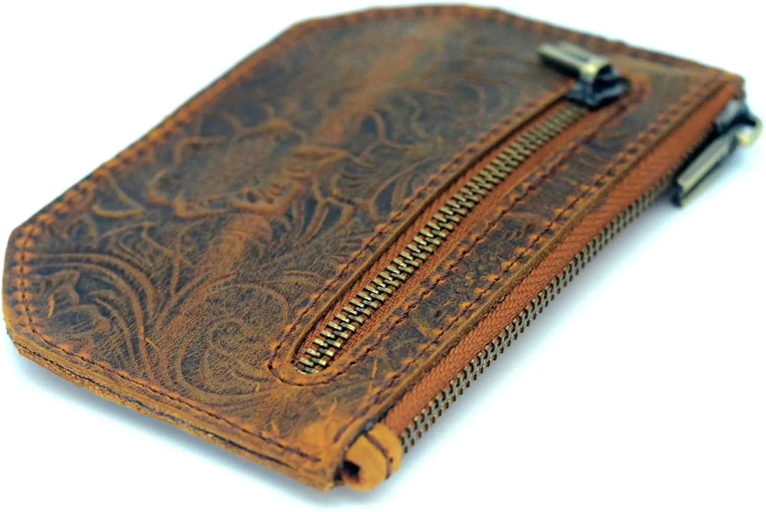 JJNUSA Genuine Leather Zipper Coin Purse for Men, Credit Card Case Holder, Mens Tray Purses Coin Purse Cash Change Wallet Car Case Holder Money Pouch (Flower Brown)