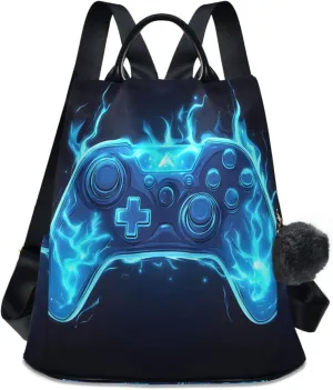 Joystick Gamepad Blue Flame Backpack for Women Anti Theft Large Fashion Travel Shoulder Bag Purse Rucksack Lightweight