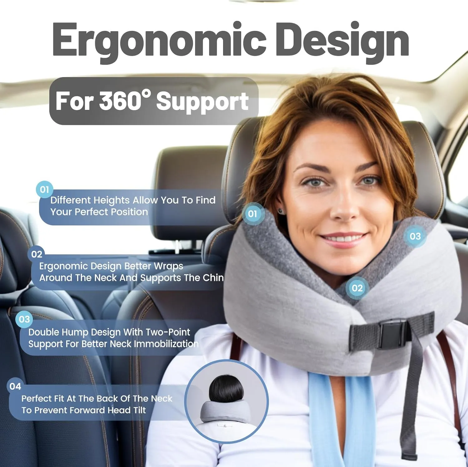 JSELF Travel Pillow, Memory Foam Travel Neck Pillow for Airplanes, Double Support to The Neck, Head, and Chin, 360º Ergonomic Design Full Neck Surround Pillow for Office, Airplanes & Car (Gray)