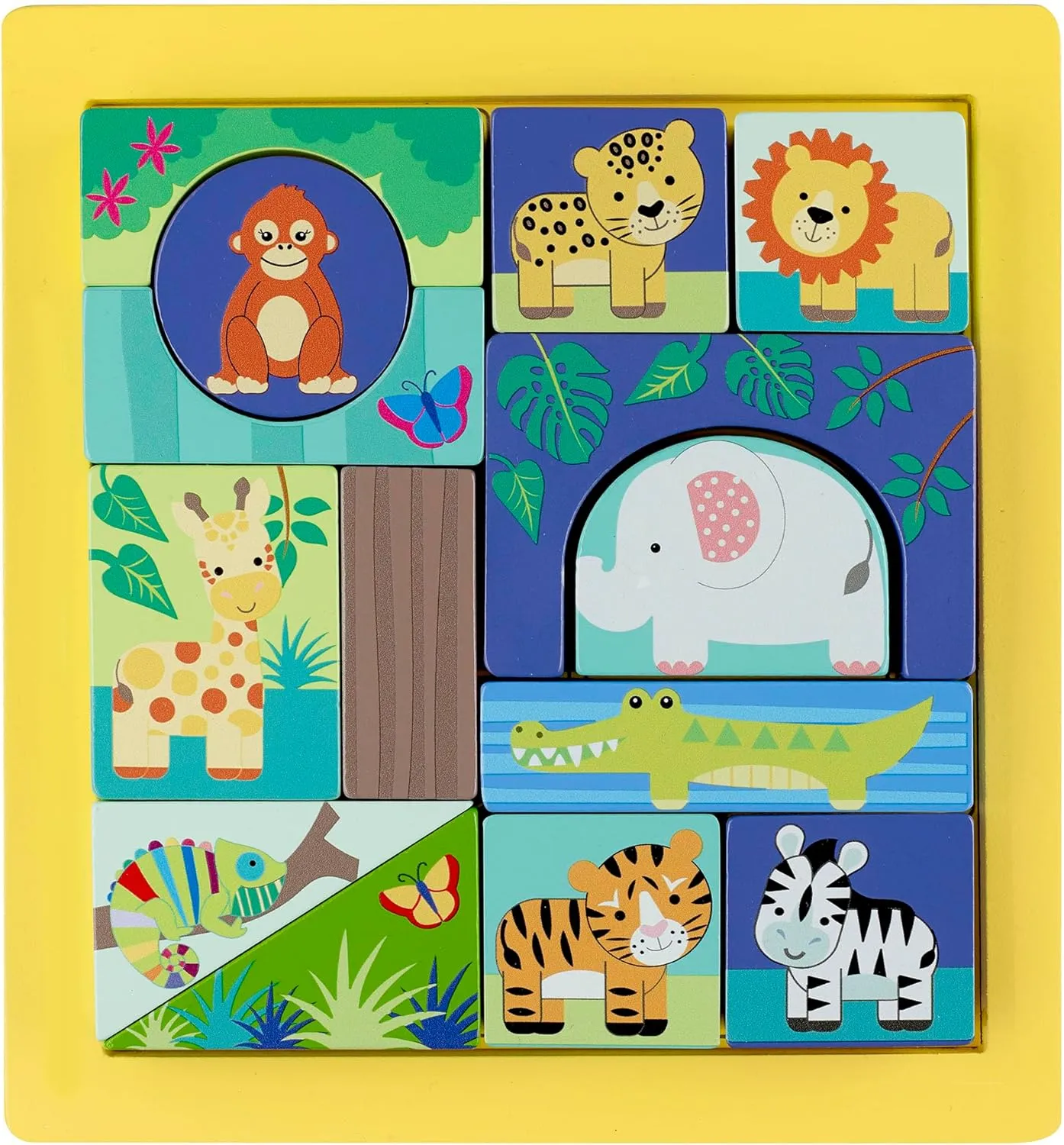 Jungle Animals: Block Puzzle - Hand Painted Colorful Wooden Puzzle, Educational Toy, FSC Certified, Kids & Toddlers, Ages 1 