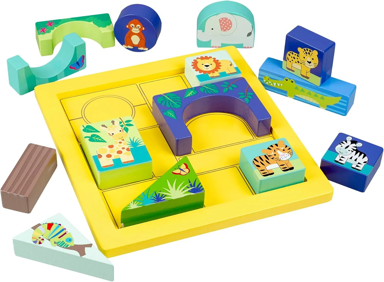 Jungle Animals: Block Puzzle - Hand Painted Colorful Wooden Puzzle, Educational Toy, FSC Certified, Kids & Toddlers, Ages 1 