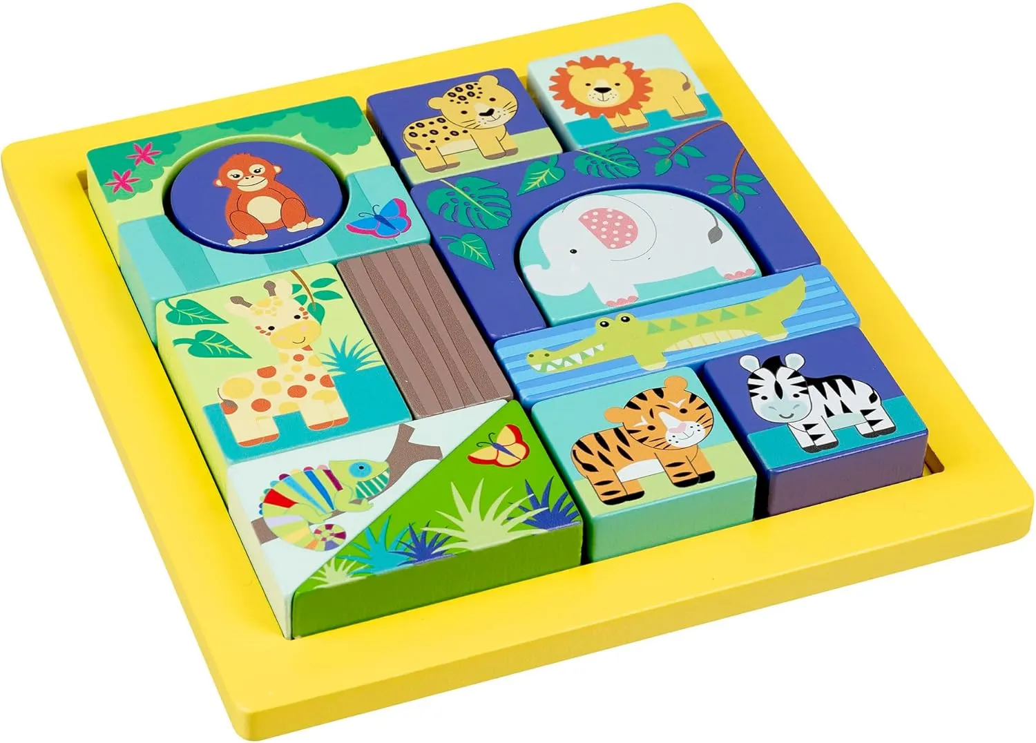 Jungle Animals: Block Puzzle - Hand Painted Colorful Wooden Puzzle, Educational Toy, FSC Certified, Kids & Toddlers, Ages 1 