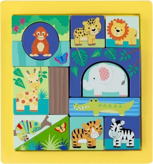 Jungle Animals: Block Puzzle - Hand Painted Colorful Wooden Puzzle, Educational Toy, FSC Certified, Kids & Toddlers, Ages 1 
