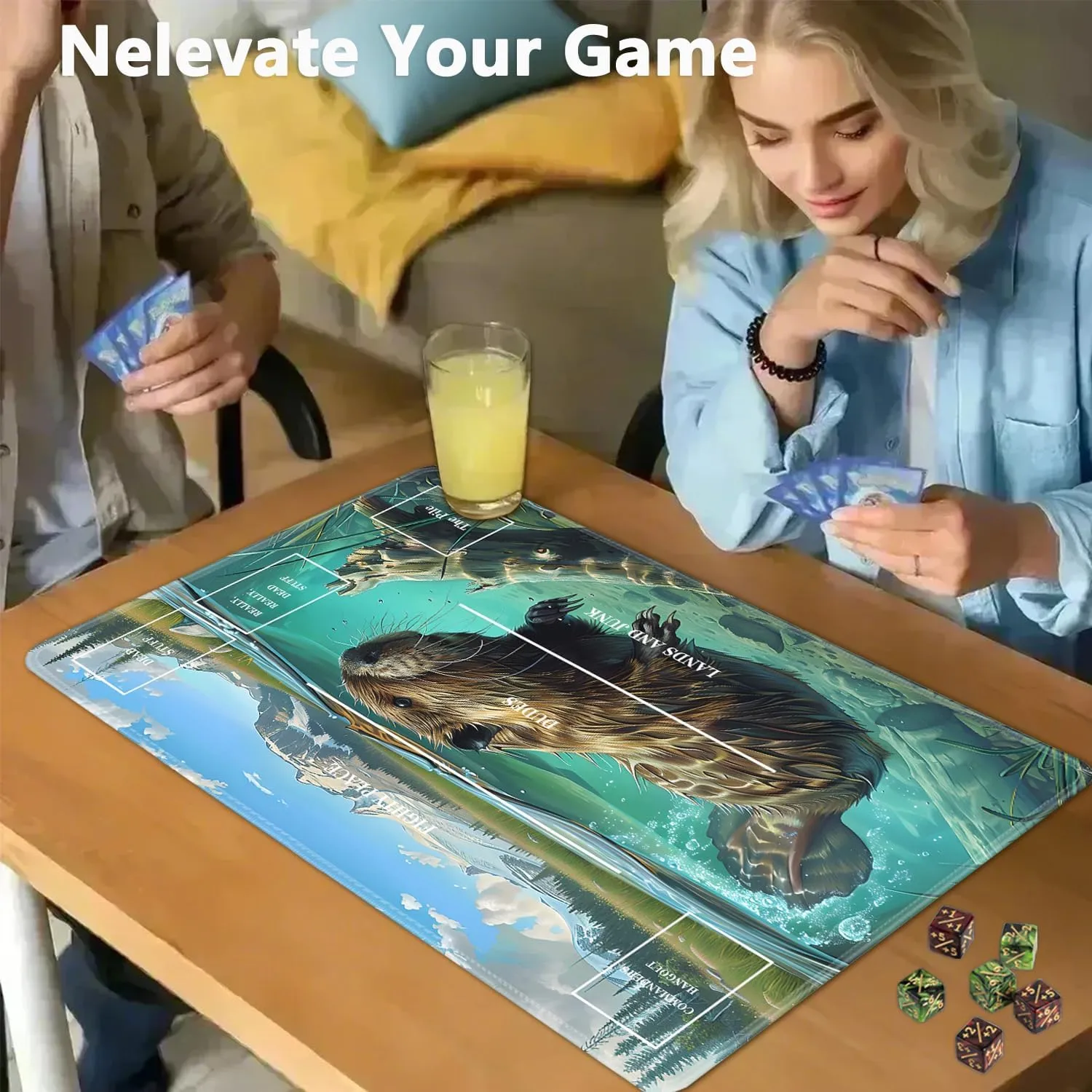 JVGFYNKL for MTG Playmat, 24 x 14 in for TCG Playmat with Zones, Trading Card Game Playmats with Storage Bag and 6 Dice, for MTG Table Mat Card Accessories, Cute Sea Otter Black