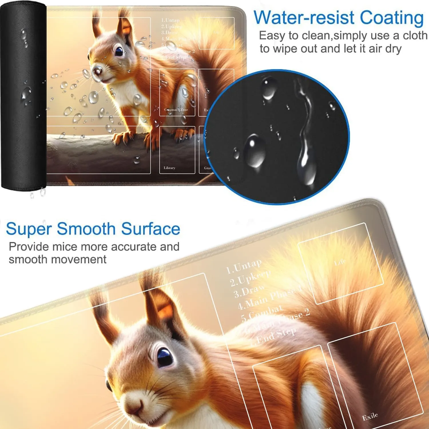 JVGFYNKL for TCG Playmat with Zones, 24x14 in Non-Slip Rubber for MTG Playmat with Drawstring Travel Pouch and 6 Dice, for MTG Mat, Animals Cute Squirrel Pattern Card Game Playmats