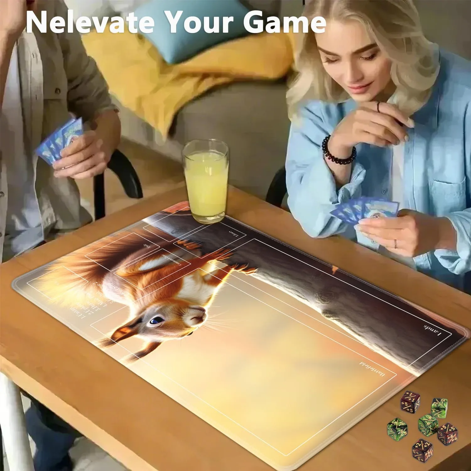 JVGFYNKL for TCG Playmat with Zones, 24x14 in Non-Slip Rubber for MTG Playmat with Drawstring Travel Pouch and 6 Dice, for MTG Mat, Animals Cute Squirrel Pattern Card Game Playmats