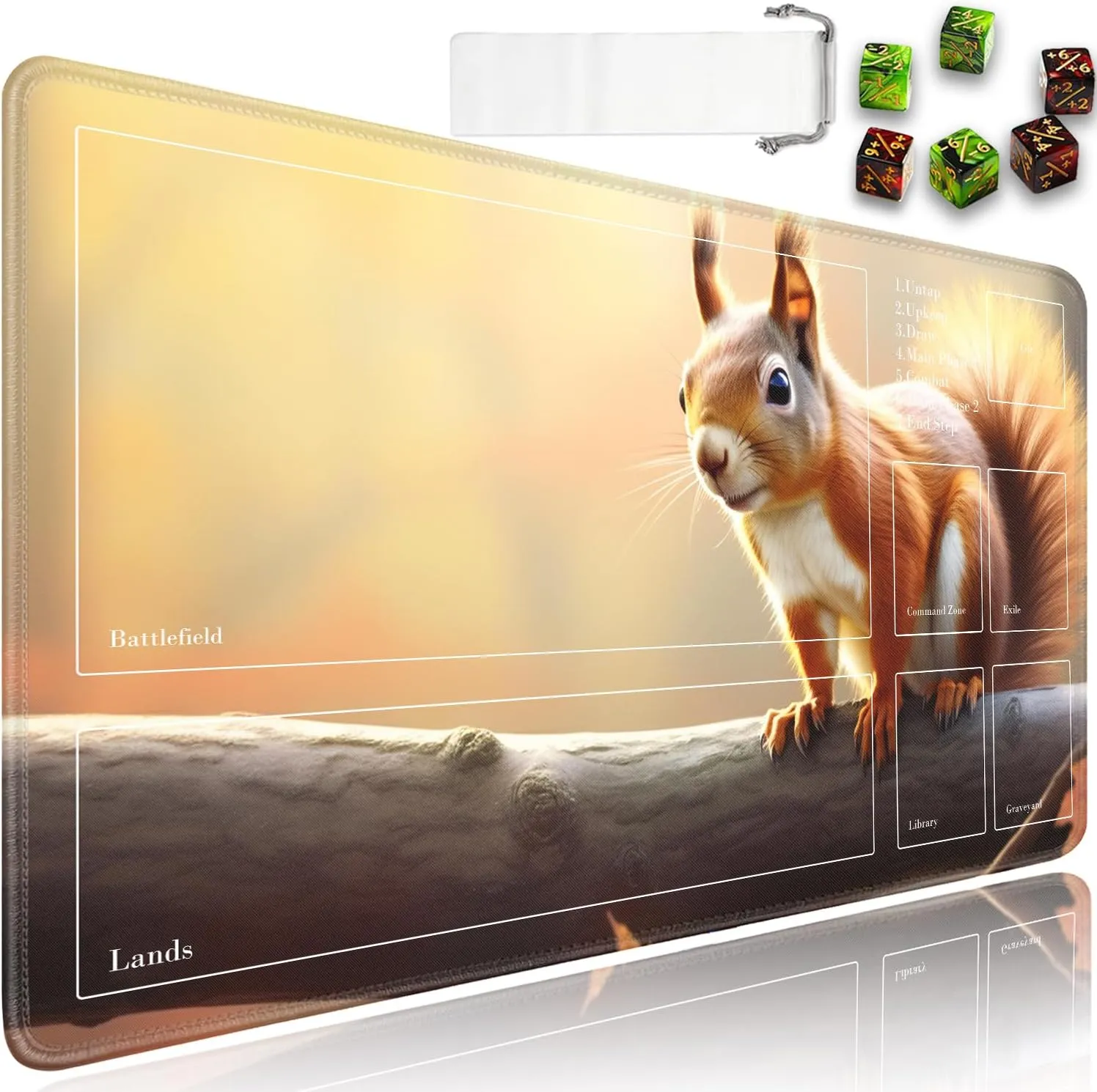 JVGFYNKL for TCG Playmat with Zones, 24x14 in Non-Slip Rubber for MTG Playmat with Drawstring Travel Pouch and 6 Dice, for MTG Mat, Animals Cute Squirrel Pattern Card Game Playmats