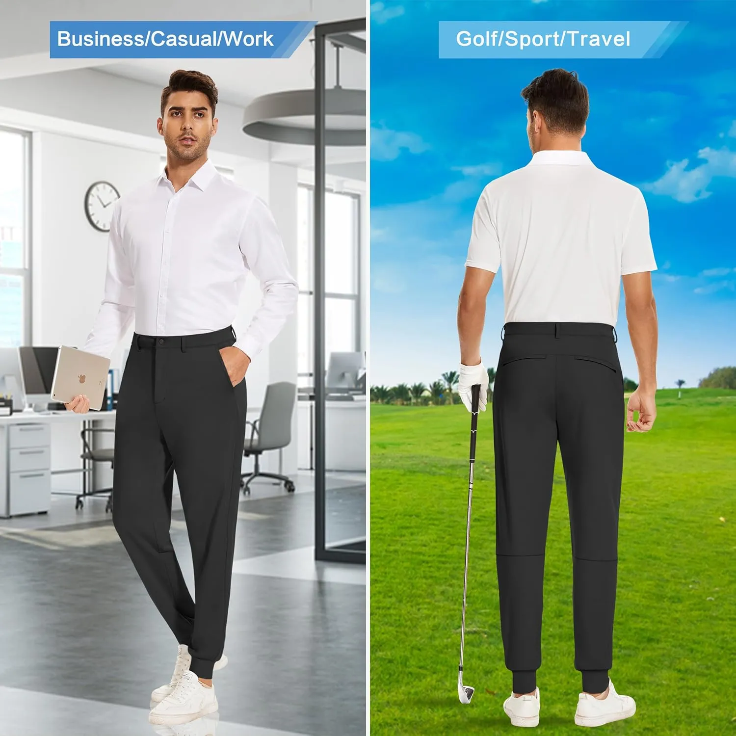 JWM Men's Stretch Golf Joggers Pants with Belt Loops - 29" 34" Slim Fit Tapered Casual Business Travel Dress Work Sweatpants