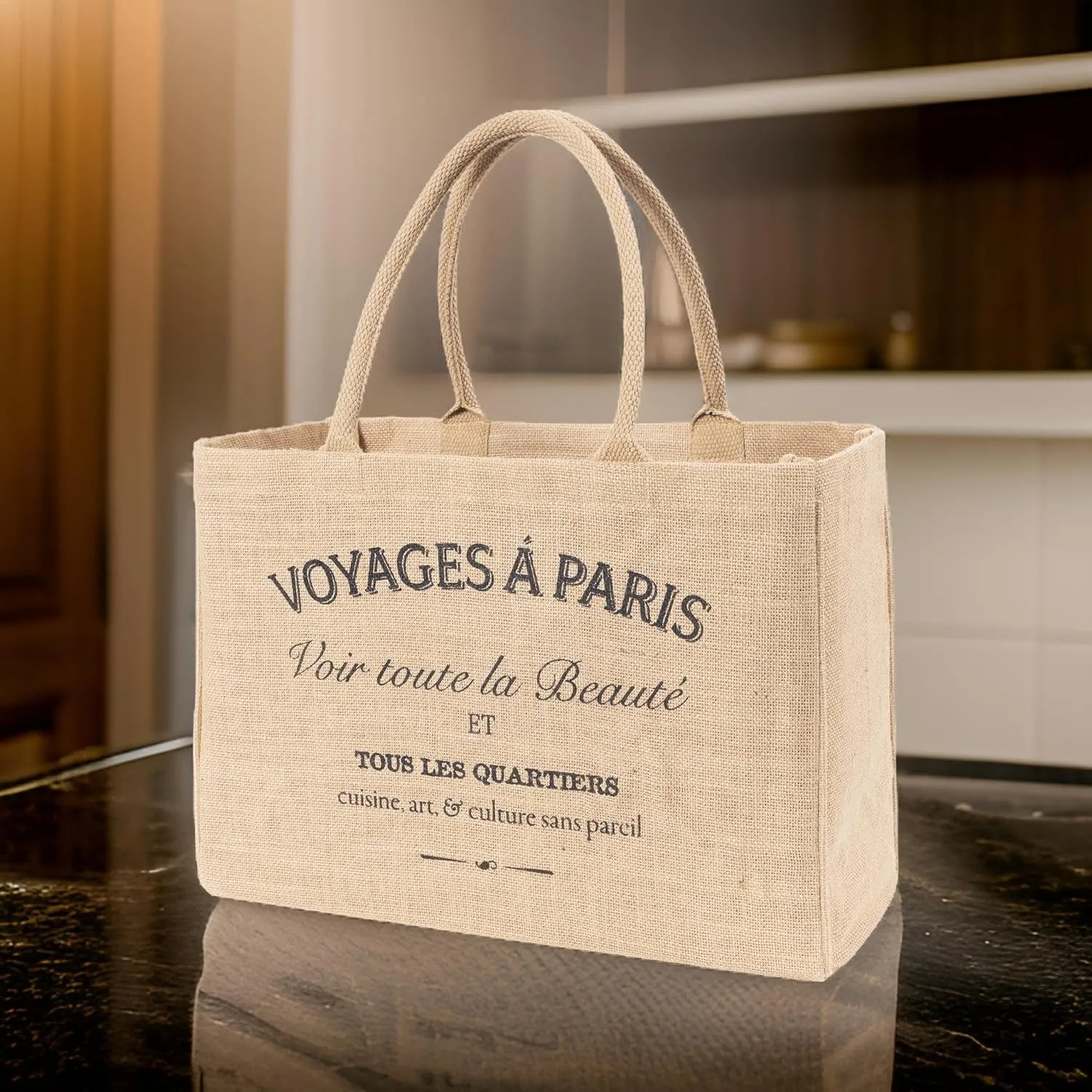 KAF Home Jute Market Tote Bag with Handles, Voyages