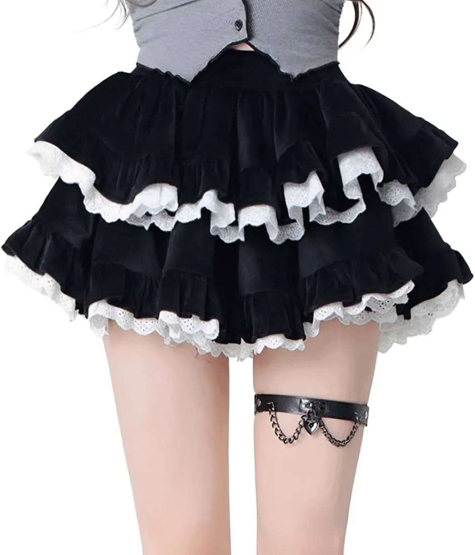 Kawaii Lolita Harajuku Gothic Clothes Casual Style Elastic Waist Lace Trim Velvet Tiered Puffy Short Skirt