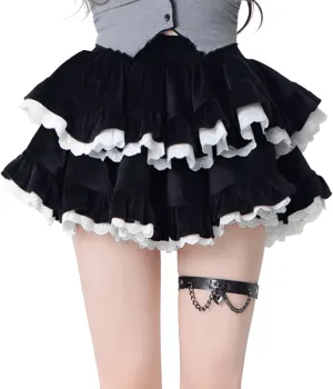 Kawaii Lolita Harajuku Gothic Clothes Casual Style Elastic Waist Lace Trim Velvet Tiered Puffy Short Skirt