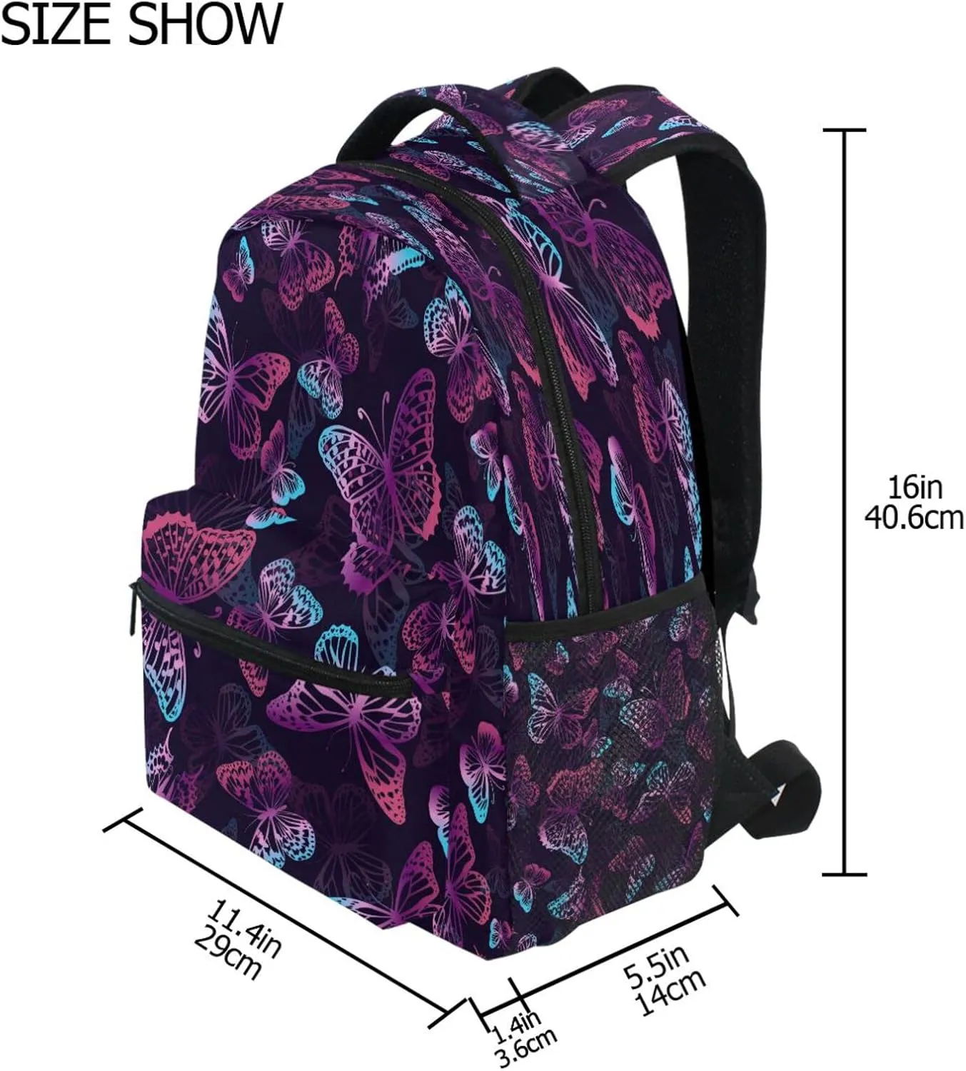 Kcldeci Kids Backpack for Girls Boys Purple and Neon Butterflies School Backpack Travel Toddler School Bag Backpacks Student Kids School Bags