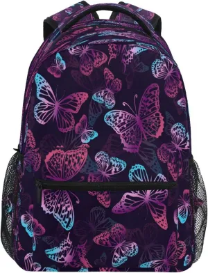 Kcldeci Kids Backpack for Girls Boys Purple and Neon Butterflies School Backpack Travel Toddler School Bag Backpacks Student Kids School Bags