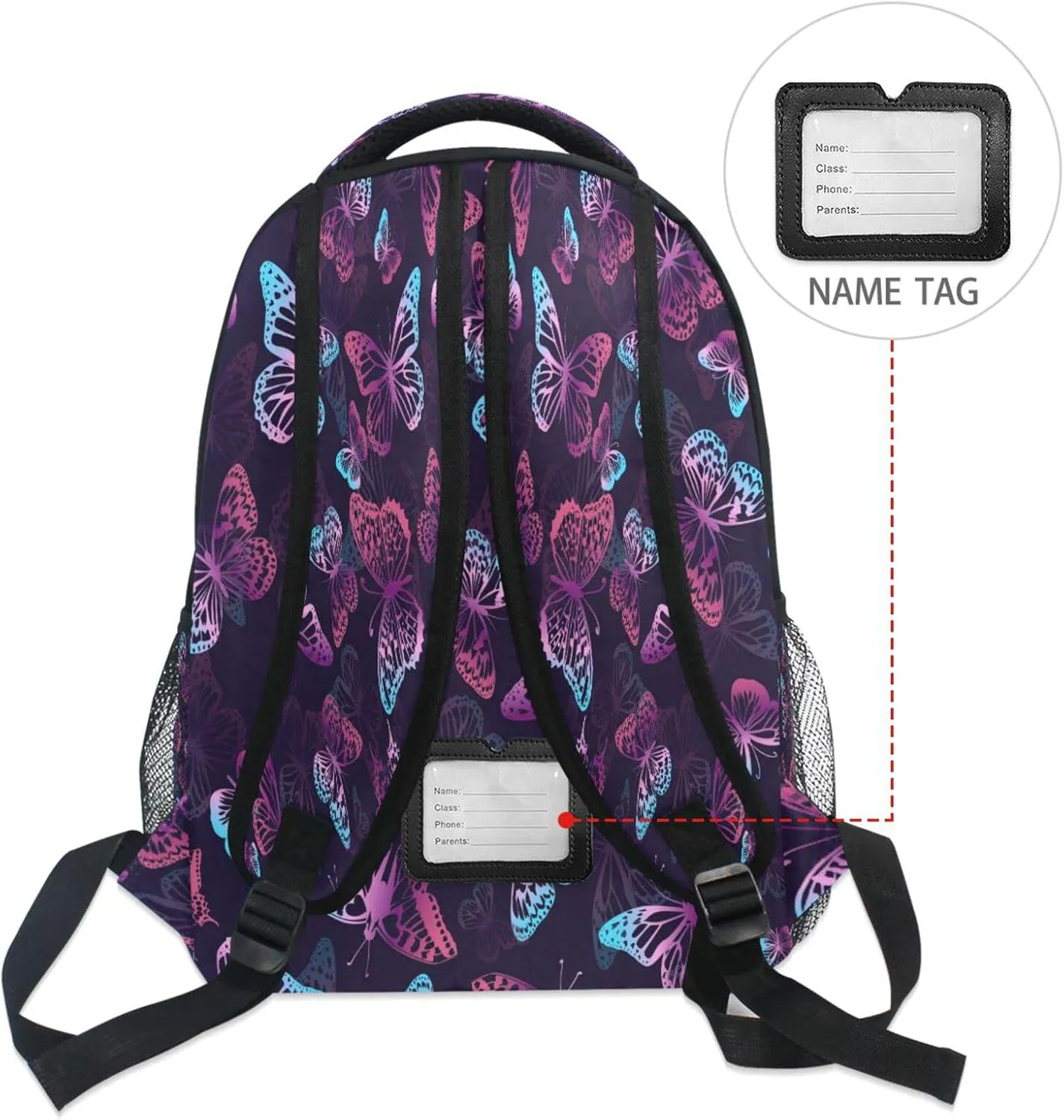 Kcldeci Kids Backpack for Girls Boys Purple and Neon Butterflies School Backpack Travel Toddler School Bag Backpacks Student Kids School Bags