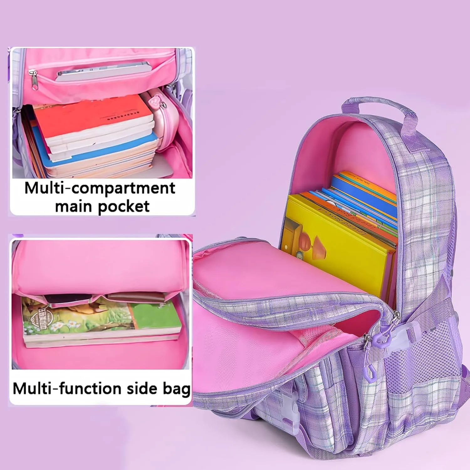 KEBEIXUAN Cute Backpack for School Girls, Multi-Pockets Kids Backpack Large Capacity Bookbag for Girls Age 6-12 (pink tote)