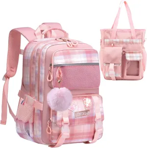 KEBEIXUAN Cute Backpack for School Girls, Multi-Pockets Kids Backpack Large Capacity Bookbag for Girls Age 6-12 (pink tote)