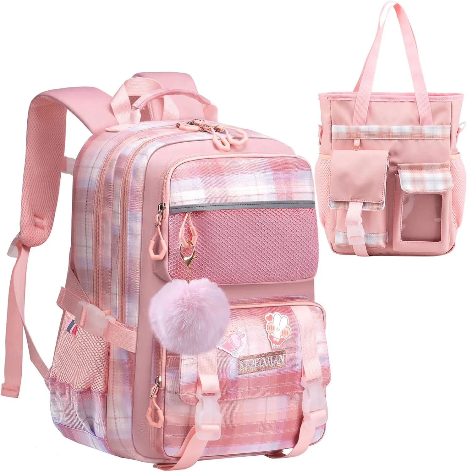 KEBEIXUAN Cute Backpack for School Girls, Multi-Pockets Kids Backpack Large Capacity Bookbag for Girls Age 6-12 (pink tote)