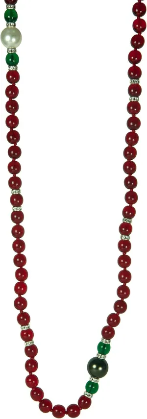 Kenneth Jay Lane, 66" INCH RUBY BEAD NECKLACE WITH PEARL STATIONS, CRYSTALS & GREEN BEADS