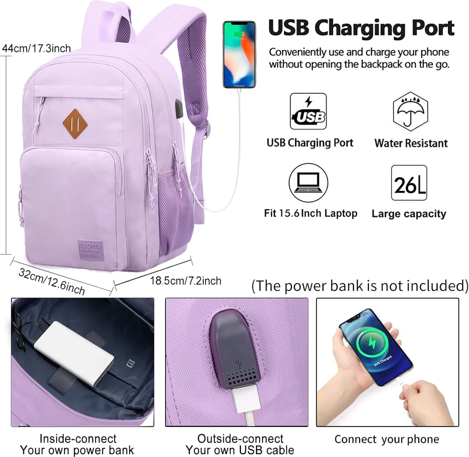 KEOFID Classic Travel backpack for Men and Women, Anti Theft Laptop Backpack with USB Charging Port for Work, Large Bag for College, Water Resistent(Purple)