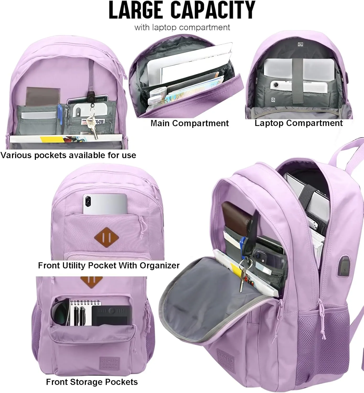 KEOFID Classic Travel backpack for Men and Women, Anti Theft Laptop Backpack with USB Charging Port for Work, Large Bag for College, Water Resistent(Purple)