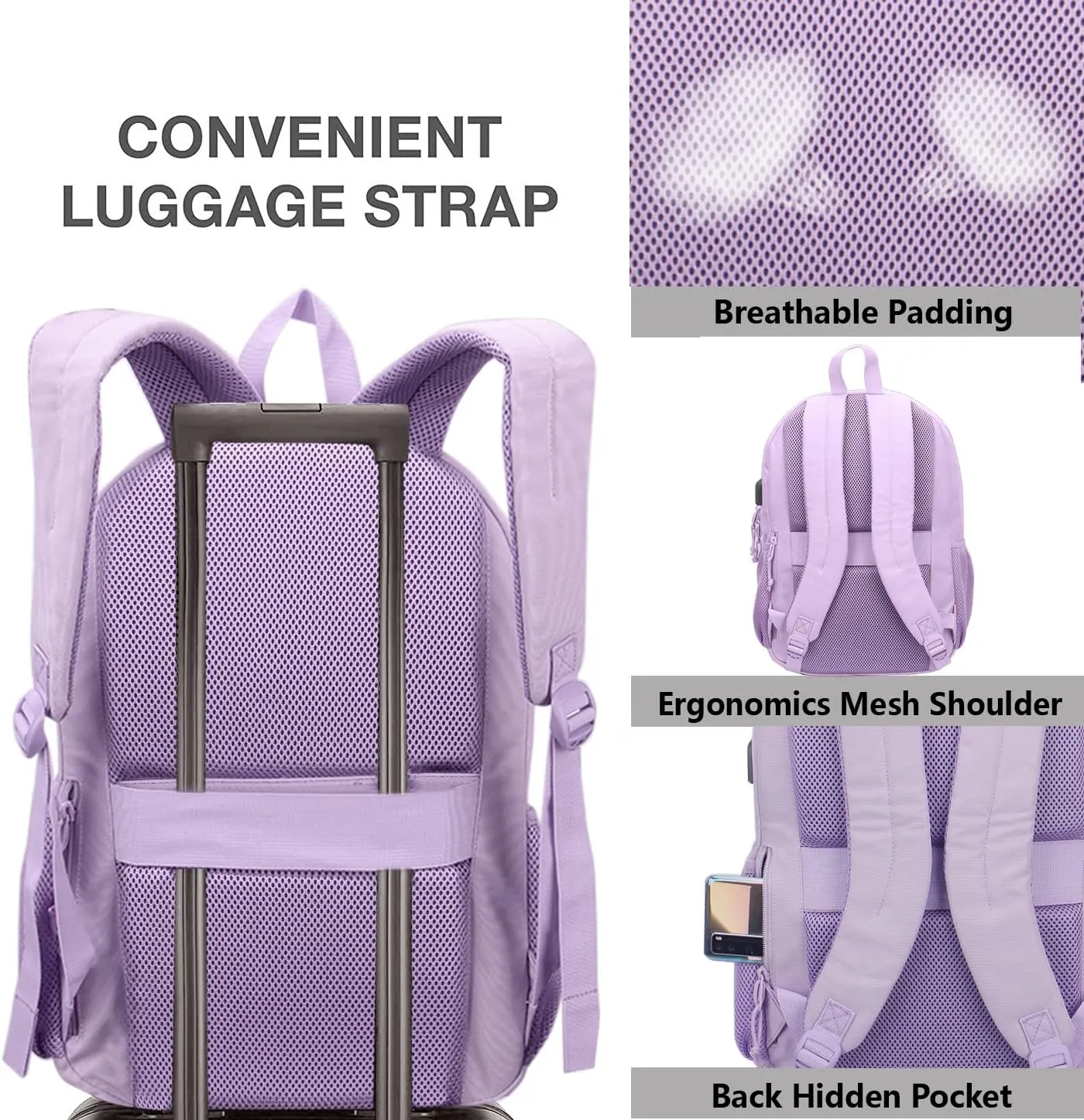 KEOFID Classic Travel backpack for Men and Women, Anti Theft Laptop Backpack with USB Charging Port for Work, Large Bag for College, Water Resistent(Purple)