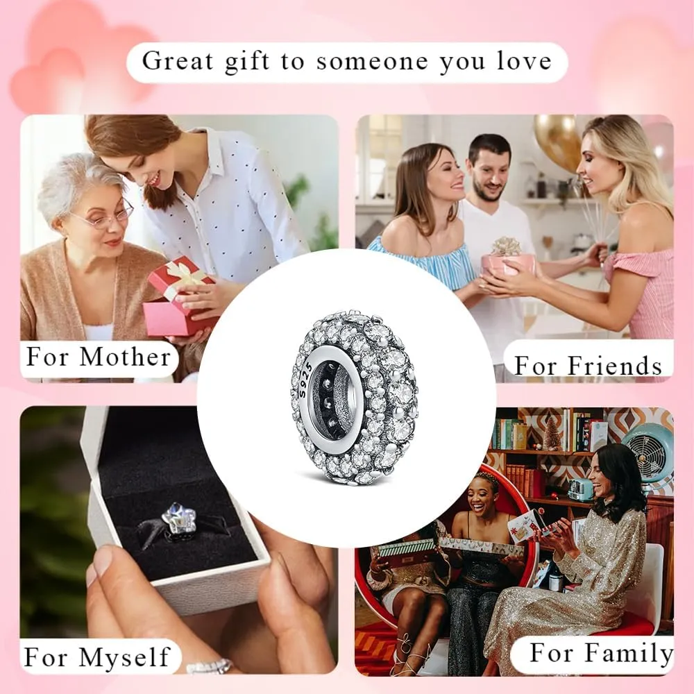 KEQ 925 Silver Spacer Stopper Bead Charms Compatible with Pandora Bracelets Birthstone CZ Always Stopper Mother's Day Jewelry Gifts for Women