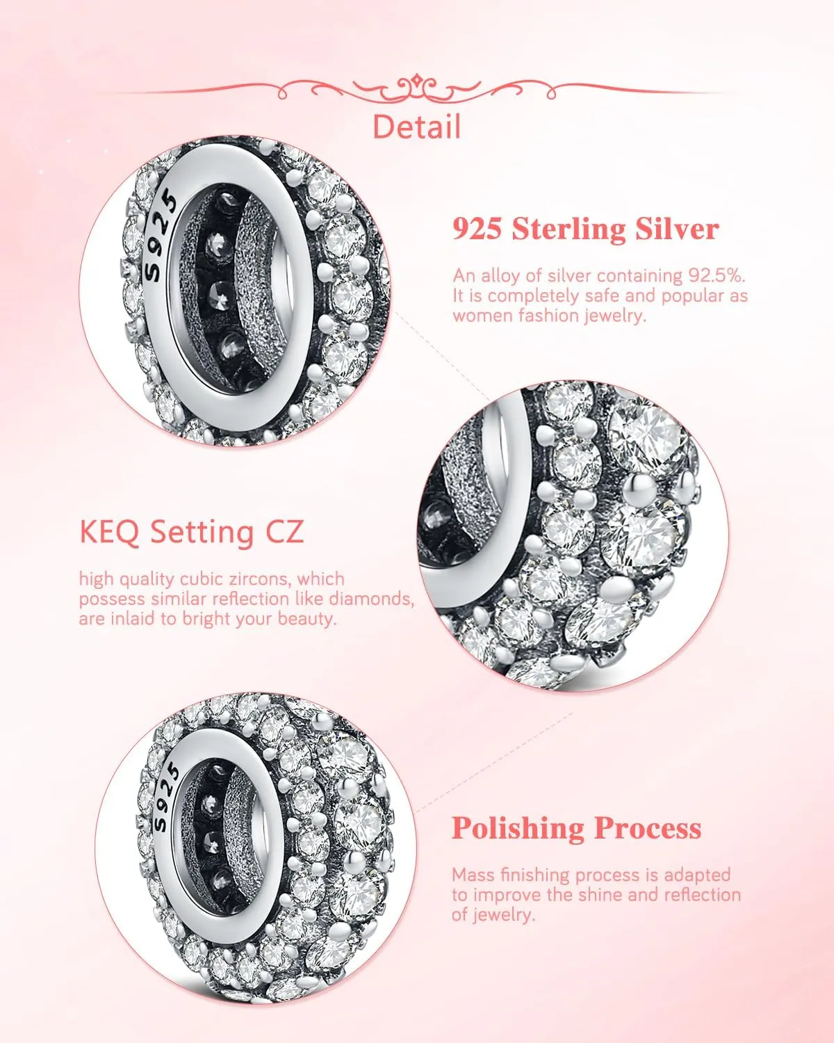 KEQ 925 Silver Spacer Stopper Bead Charms Compatible with Pandora Bracelets Birthstone CZ Always Stopper Mother's Day Jewelry Gifts for Women
