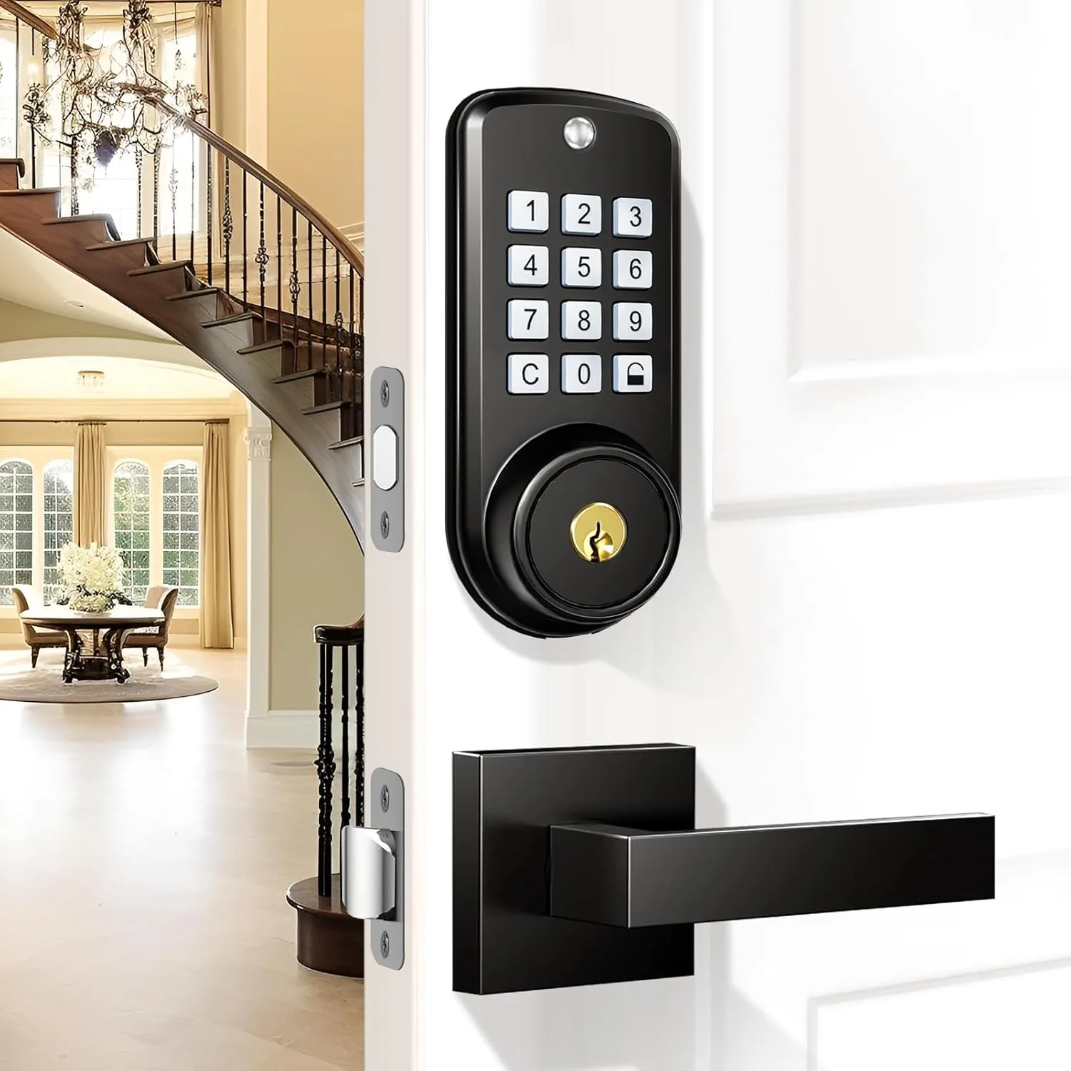 Keyless Entry Door Lock with 2 Lever Handles, Electronic Keypad Deadbolt, Auto-Locking, Anti-Peeping Password, Front Door Handle Sets, Easy Installation Design, Matte Black